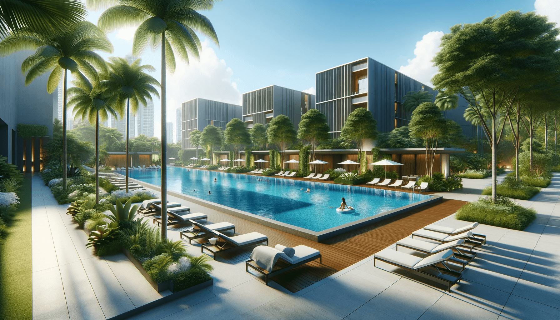 DALL·E 2024 01 24 13.05.11 Conceptual illustration of the amenities in the Performance Sao Conrado residential complex. The image should depict a luxurious swimming pool area wi