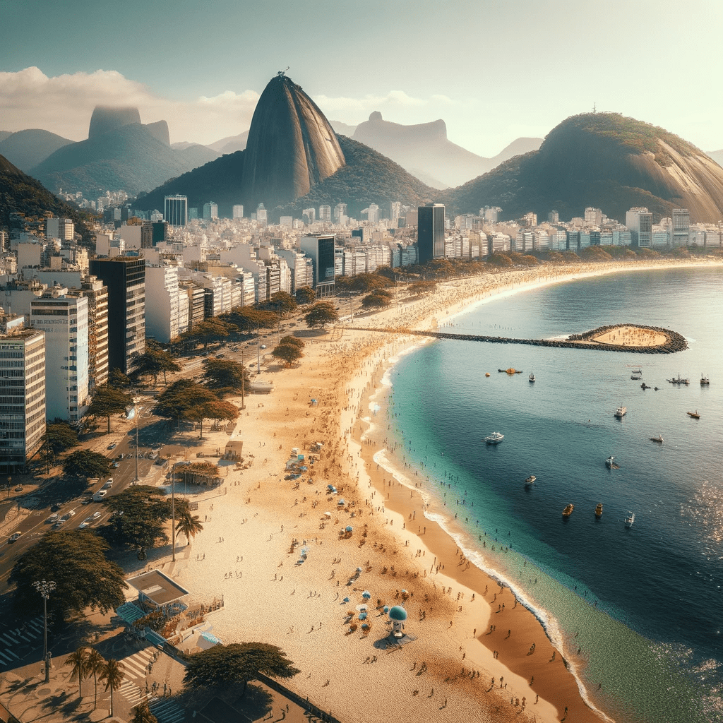 DALL·E 2024 01 19 13.50.15 An image capturing the scenic beauty of Botafogo Beach in Rio de Janeiro. The view includes the sandy shores of the beach with people enjoying the su